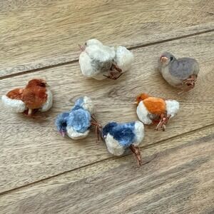 6 Vintage Antique Easter Spun Cotton Chenille Chicks Made in Japan Missing Eyes
